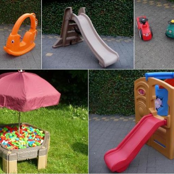 Kinderhoek fun bestaat uit: 1x Hobbelvis 1x Glijbaan 1x Tuintafel met stappelblokken 1x Funhouse